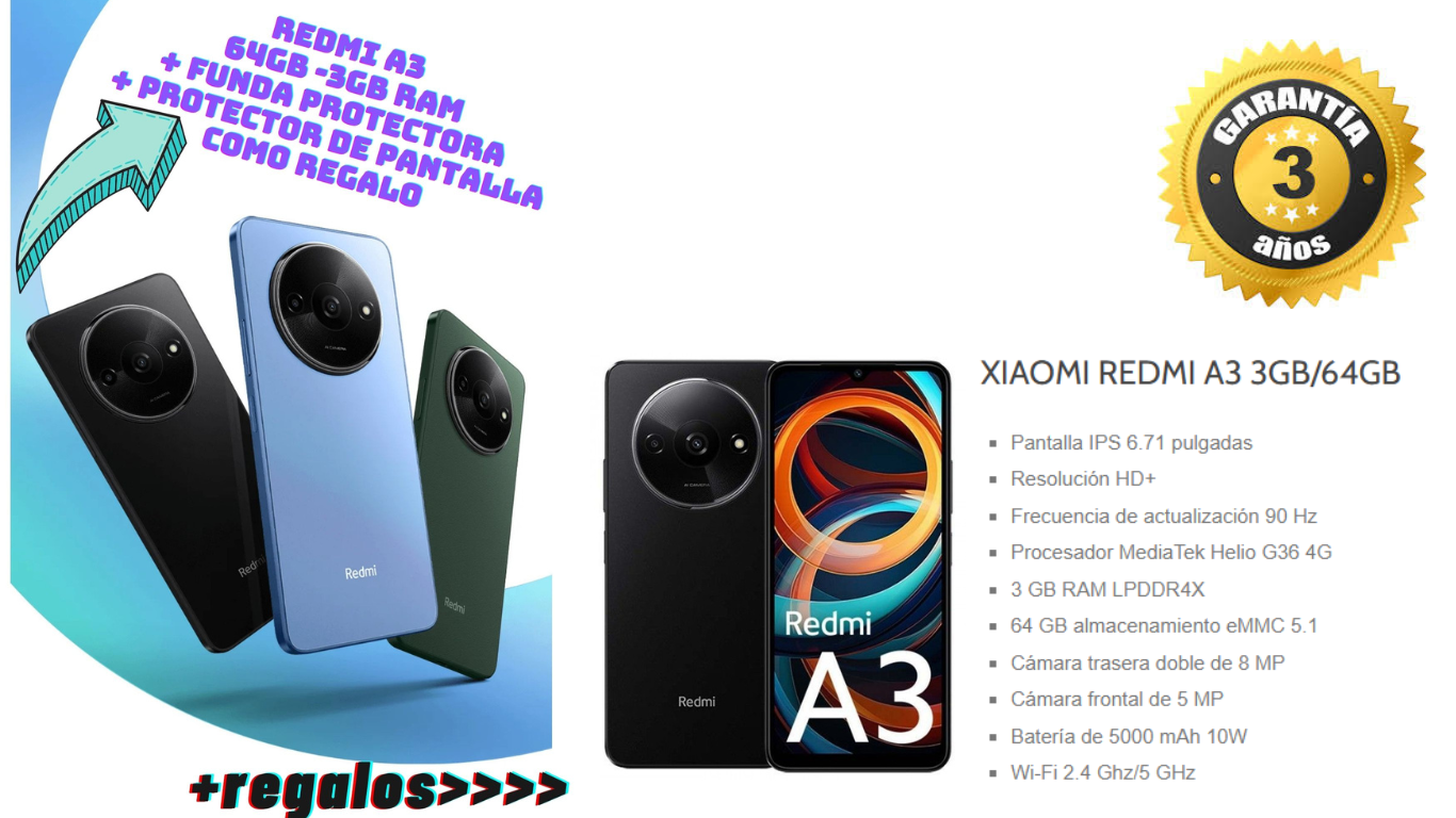 Oferta pack movil.                  1-smartphone Redmi A3.        1-reloj smart Watch               1-auriculares inalambricos